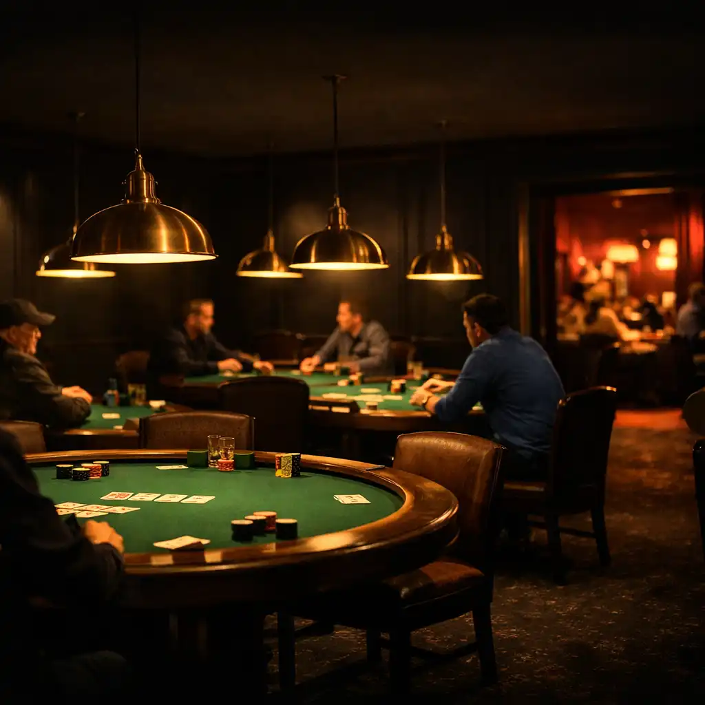 Card lounge during an evening poker night with poker tables, brass pendant lights, and dark wood paneling