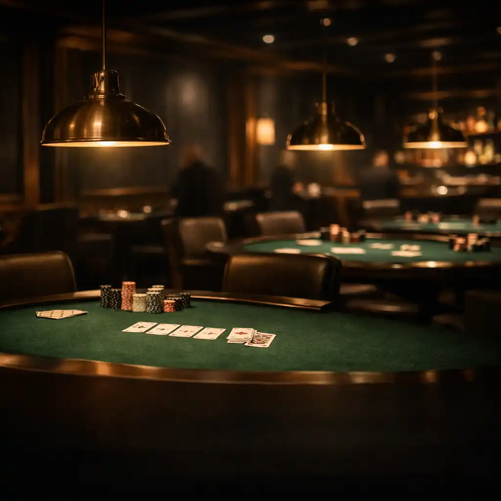Dark premium card lounge interior with poker tables under warm brass pendant lights
