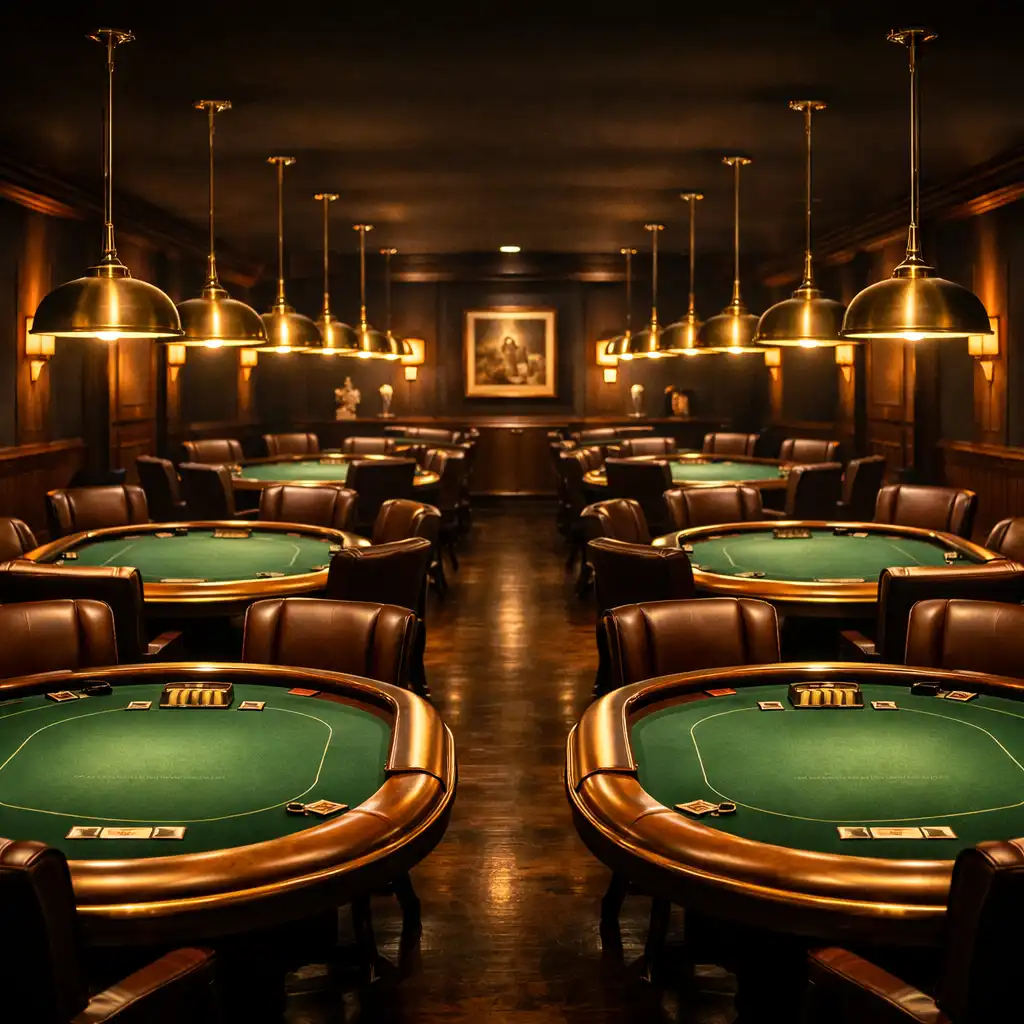 Interior of the dedicated card lounge at Poker Villabribie, showing multiple poker tables with green felt and warm brass pendant lights