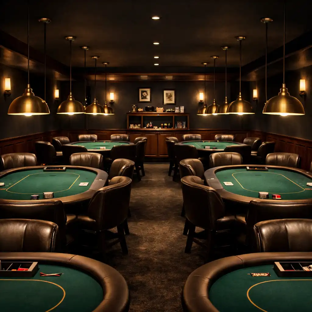 Interior of the Poker Villabribie card room with multiple poker tables, dark walls, and warm brass lighting