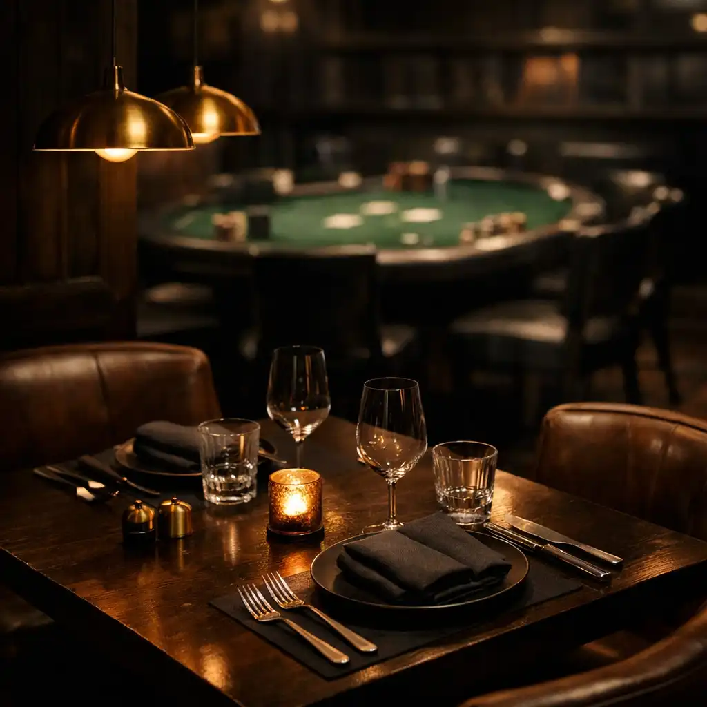 A set restaurant table with leather chairs and brass pendant lighting beside a softly blurred card room