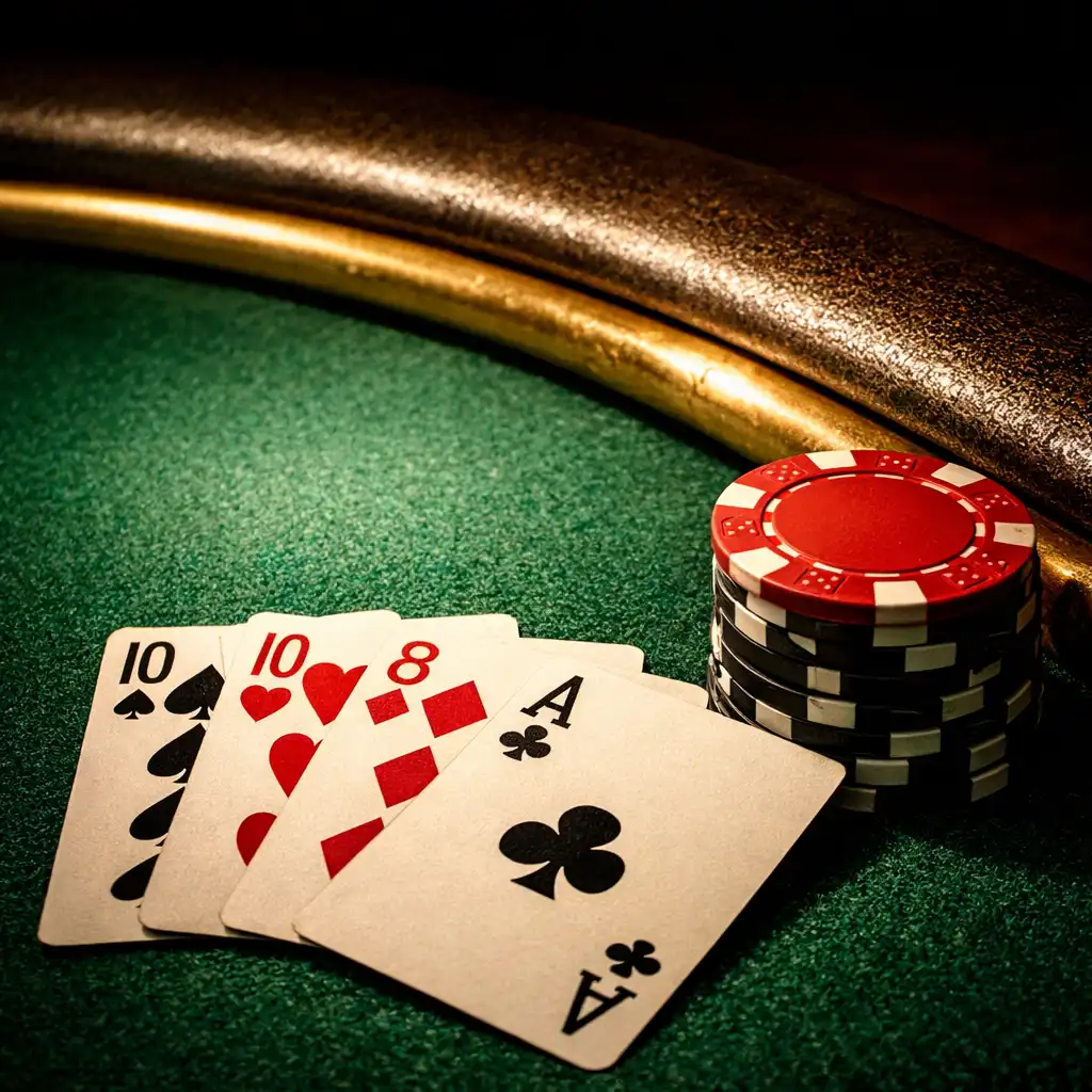 Close-up of a poker table at Poker Villabribie, showing green felt, playing cards, and poker chips