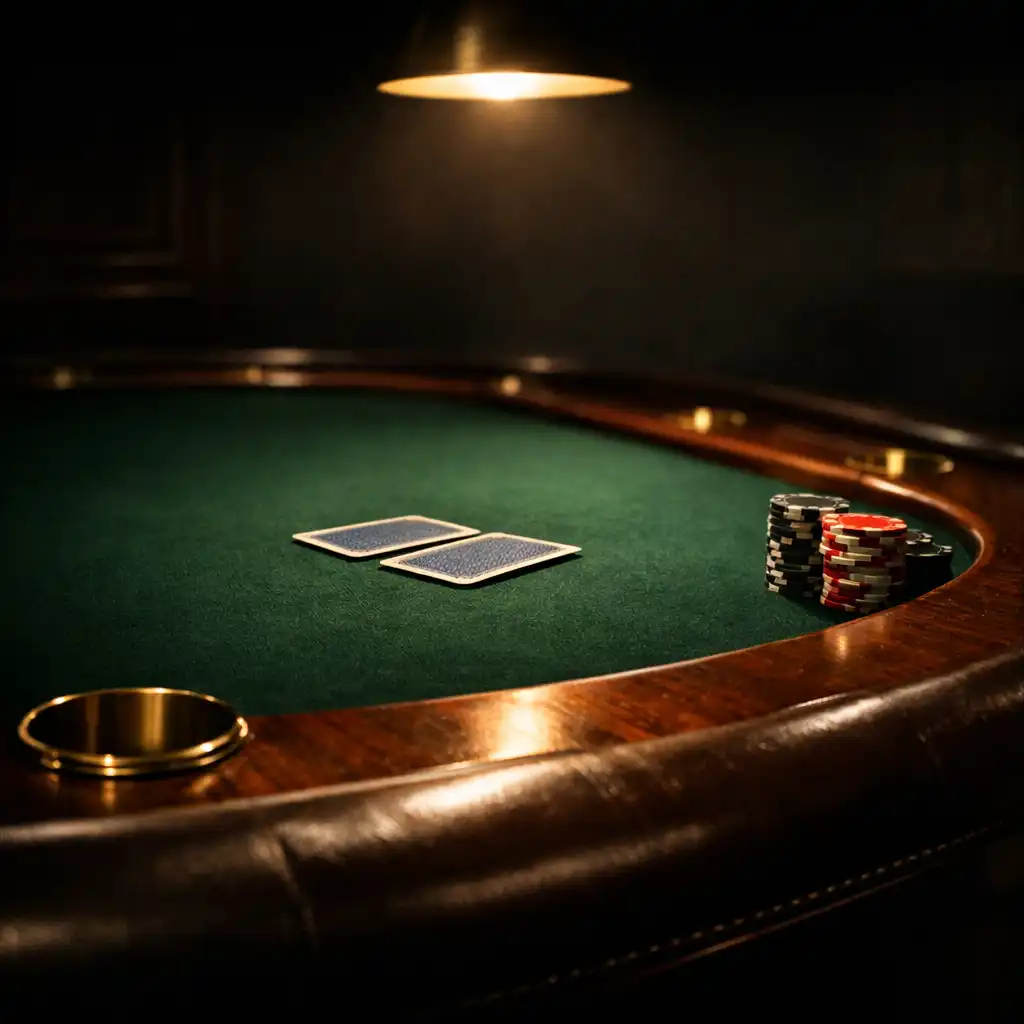 Poker table in low light with green felt, wooden rail, and brass cup holders