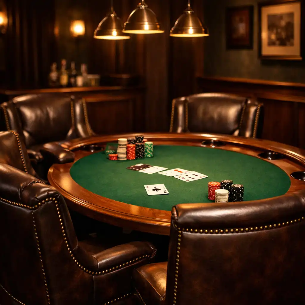 Poker table with upholstered chairs in the card lounge at Poker Villabribie