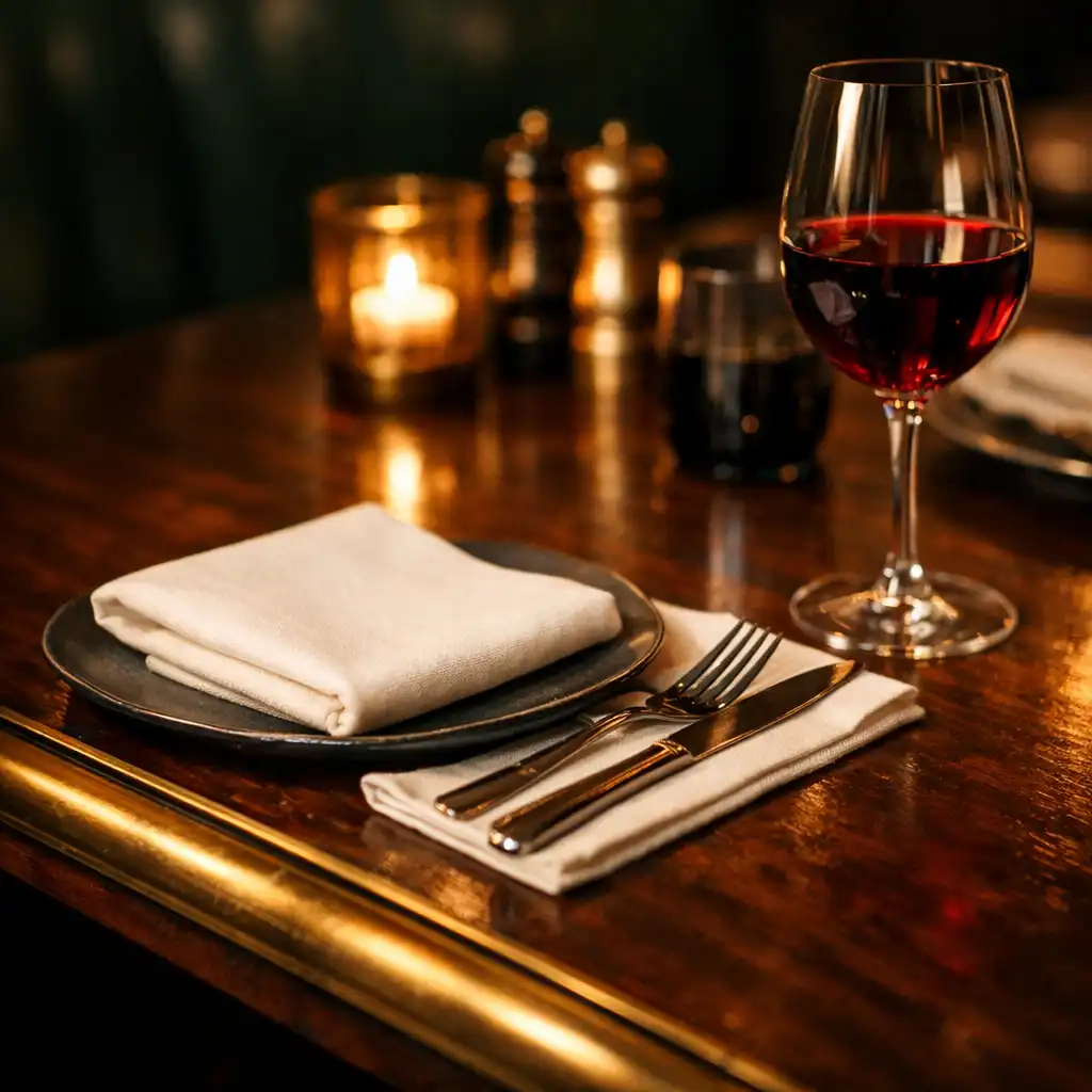 A moody restaurant table setting with dark timber, brass rail edge, and a glass of red wine under warm low light