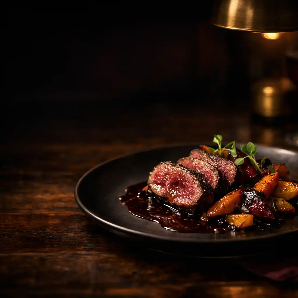 A plated modern Australian dish on a dark timber table under warm brass light