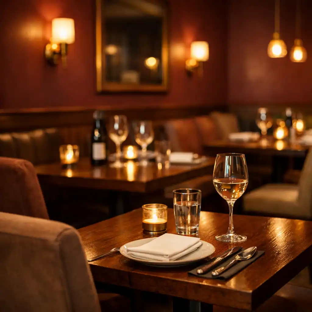 Warm interior of the Poker Villabribie restaurant with dark wood tables and soft ambient lighting