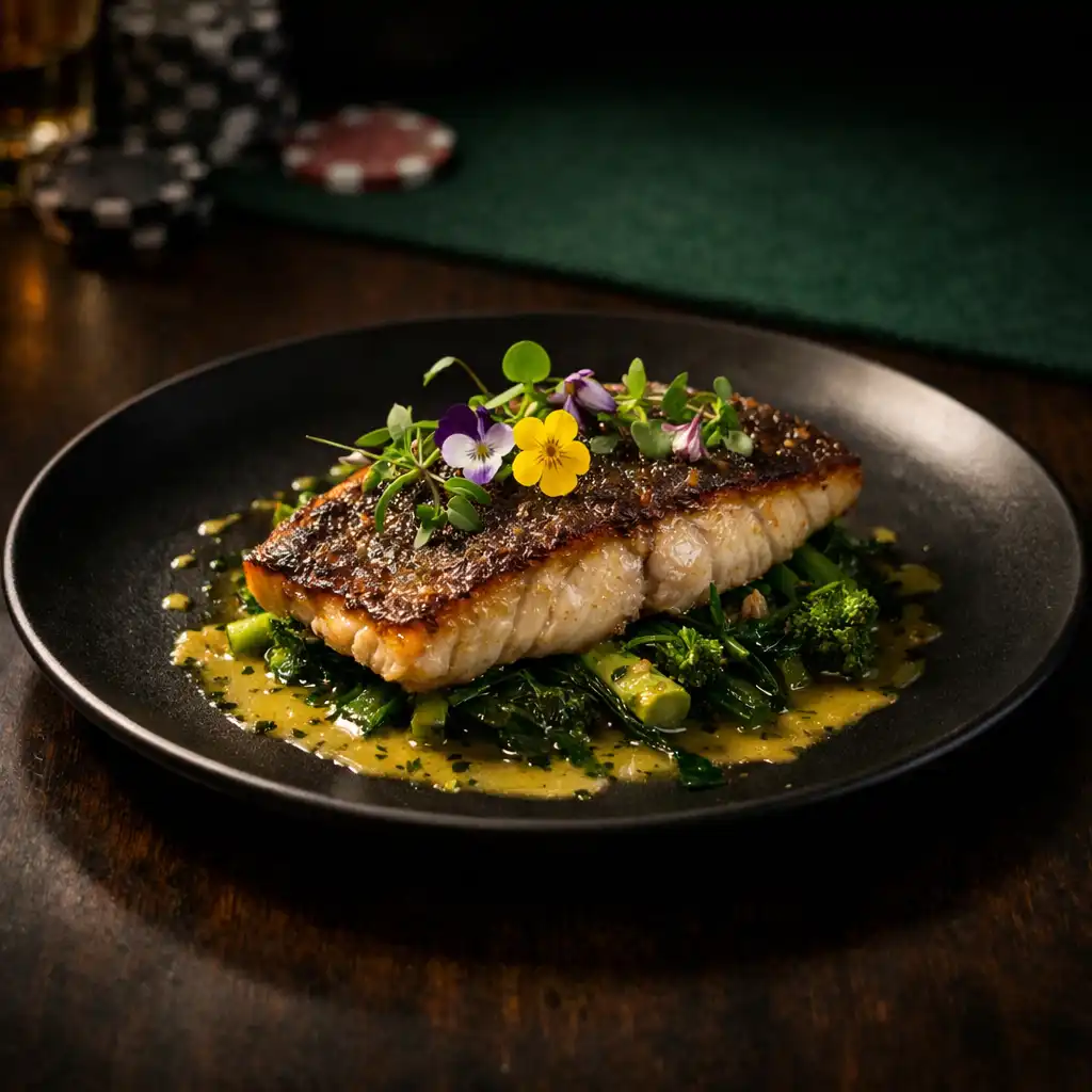 Seared barramundi with lemon myrtle butter and seasonal greens