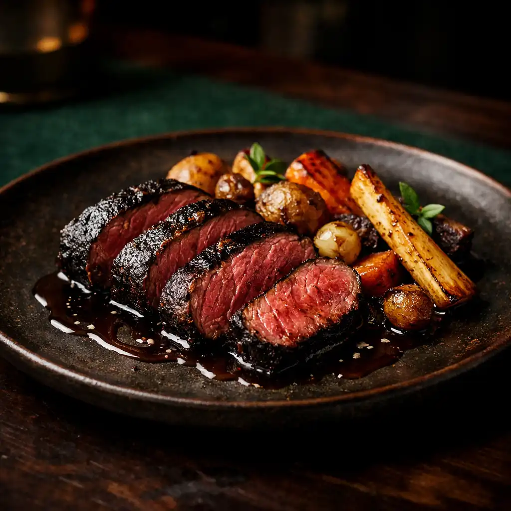 Charred kangaroo loin with native pepper jus and roasted root vegetables