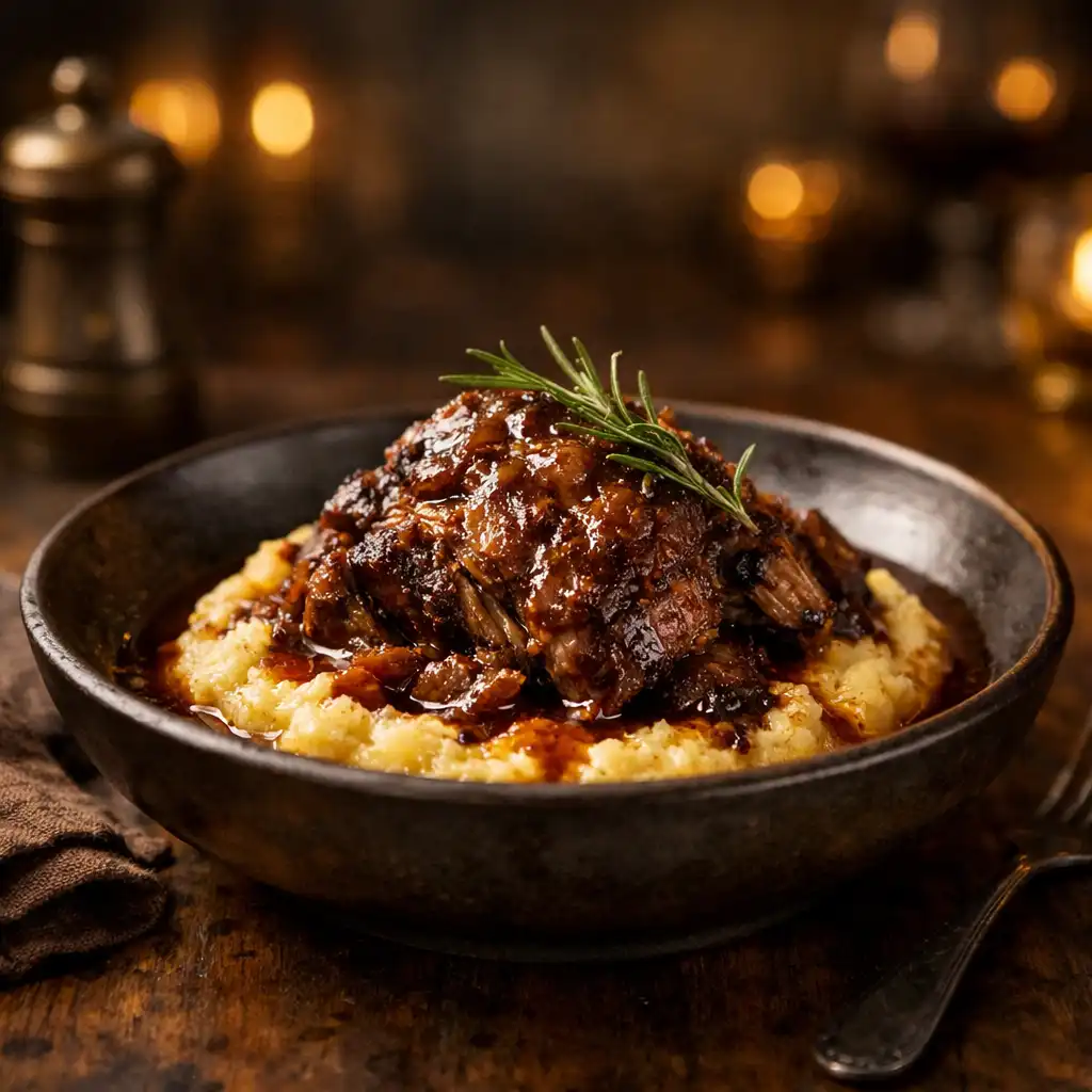 Slow-braised lamb shoulder with rosemary jus and creamy polenta